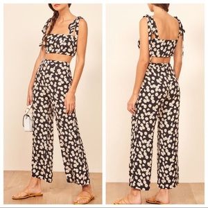 Reformation Black White Tiki Floral Daisy Chain Two Piece Bra Top Pants 12 NWT